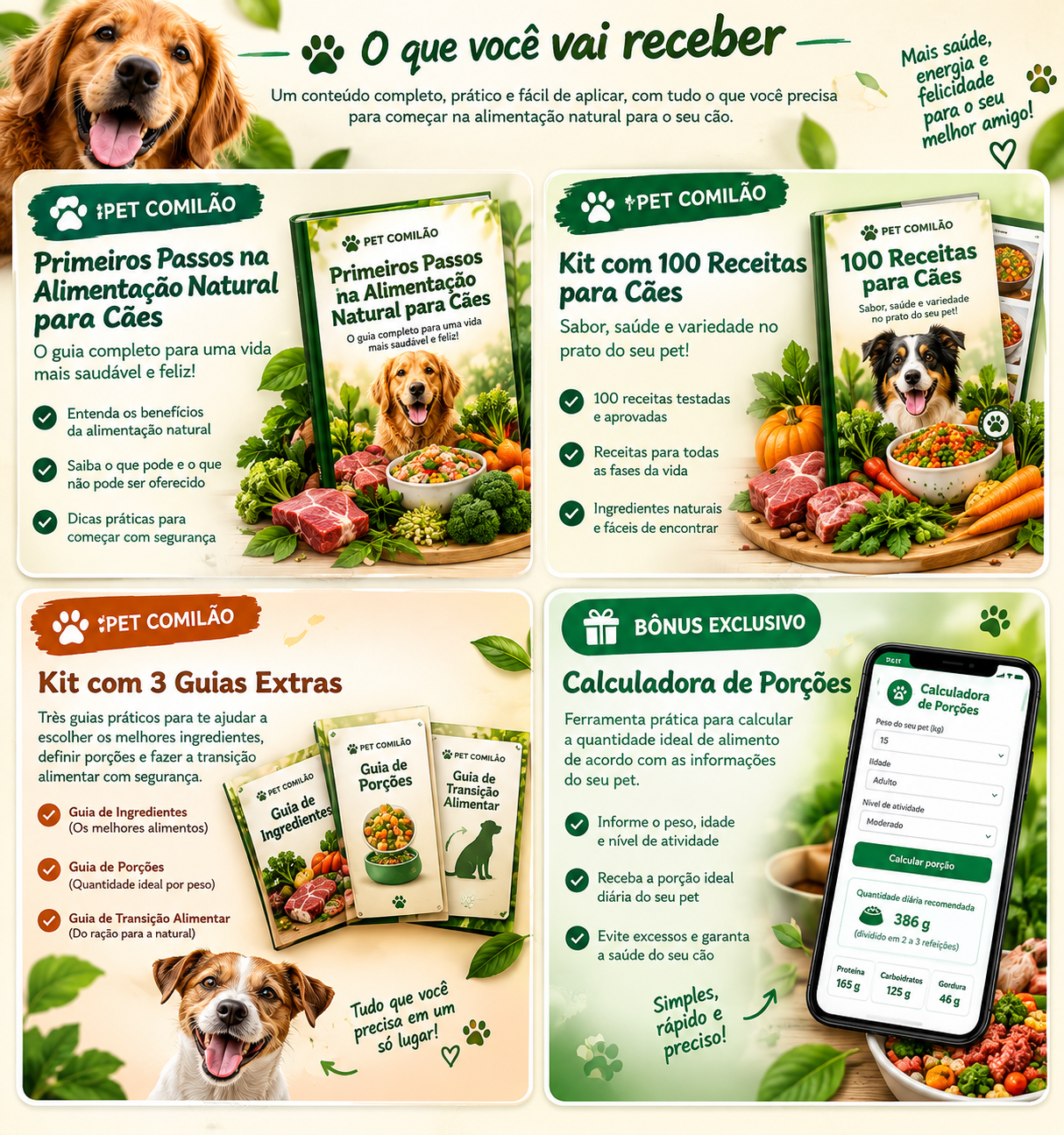 O que você vai receber: material principal, Kit com 100 Receitas, Kit com 3 Guias Extras e Calculadora de Porções